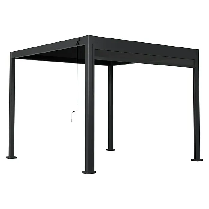 Sunfun Milos Panel lateral - An x Al: 276 x 217 cm, Antracita, Para pérgola con laterales Milos, Profundidad: 8,5 cm - La imagen muestra una pérgola gris moderna con techo de lamas y paneles laterales, ideal para espacios exteriores.