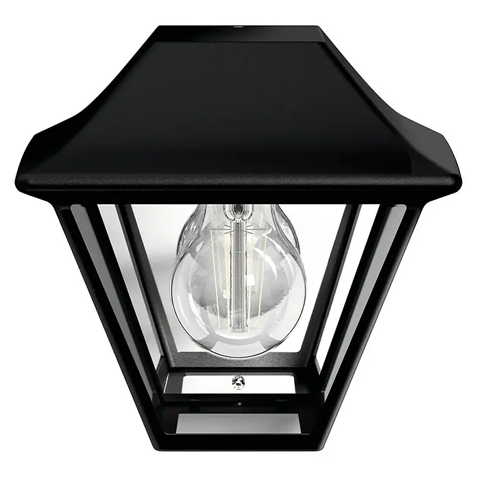 Philips Alpenglow Aplique exterior - 42 W, 13 x 18,1 x 17 cm, Negro, IP44 - Primer plano de una lámpara de pared exterior negra tipo farol con bombilla transparente.