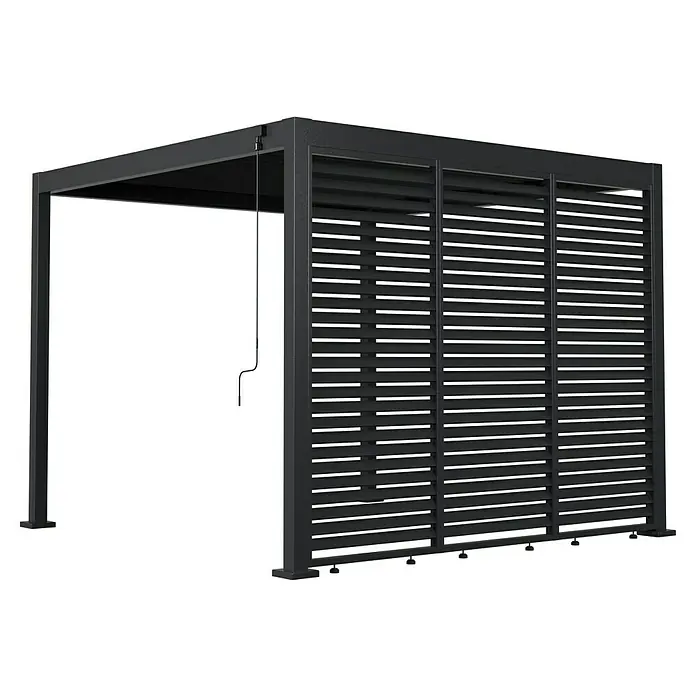 Sunfun Milos Pared lateral de pérgola - An x Al: 92 x 221,5 cm, Antracita - Primer plano de una pérgola negra moderna con pared de lamas para espacios exteriores, que ofrece sombra y privacidad.