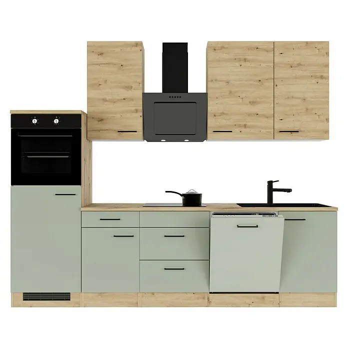 Flex-Well Cara Küchenzeile - Breite: 280 cm, Höhe: 234 cm, Schilfgrün Antifingerprint / Artisan Eiche, Mit Elektrogeräten, Fibonitspüle - Küchenzeile mit Backofen, Dunstabzugshaube, Spülmaschine und Spüle in modernem Design mit hellgrünen Fronten und Holzelementen.