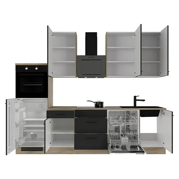 Flex-Well Küchenzeile Capri - Breite: 280 cm, Touch Schwarz, Mit Elektrogeräten, Fibonitspüle - Ansicht einer modernen Küche mit offenem Kühlschrank, Geschirrspüler und dunklen Schubladen vor schwarzem Hintergrund.