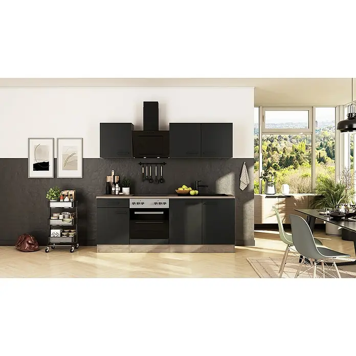 Flex-Well Singleküche Capri - Breite: 210 cm, Touch Schwarz, Fibonitspüle - Moderne schwarze Einbauküche mit Elektroherd und Dunstabzugshaube in einem hellen Raum mit Essbereich und Blick ins Grüne.