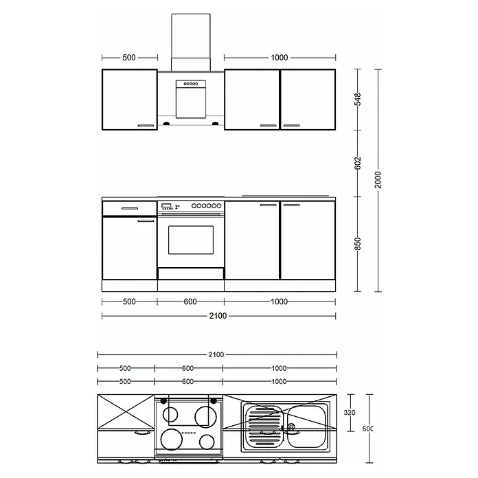 Flex-Well Lund Singleküche Typ 1 - Breite: 210 cm, Lichtgrau, Mit Elektrogeräten - Skizze einer Küchenzeile mit Maßen für Unterschränke, Schubladen, Spüle, Herd und Hängeschränke.