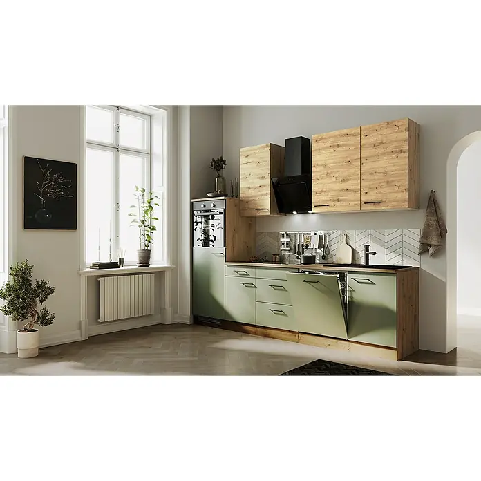 Flex-Well Cara Küchenzeile - Breite: 280 cm, Höhe: 234 cm, Schilfgrün Antifingerprint / Artisan Eiche, Mit Elektrogeräten, Fibonitspüle - Diese Küche bietet moderne Geräte, Arbeitsflächen aus Holz und viel Stauraum. Die grünen Schränke verleihen der Küche eine frische Note.