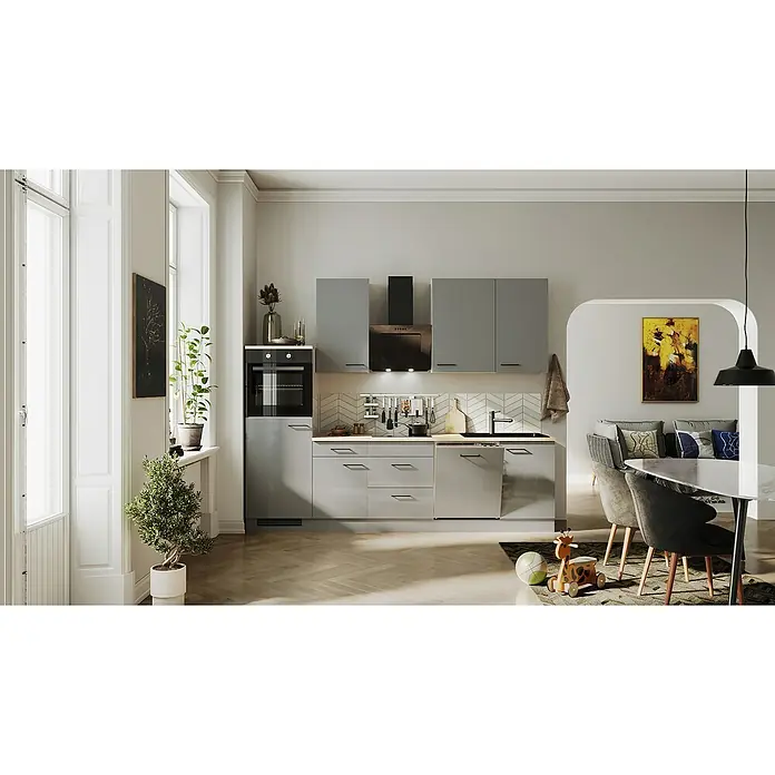 Flex-Well Lund Küchenzeile - Breite: 280 cm, Höhe: 234 cm, Lichtgrau, Mit Elektrogeräten, Fibonitspüle - Helle Küche mit grauen Schränken, modernen Geräten und einem Essbereich. Die Küche ist stilvoll und funktional eingerichtet.