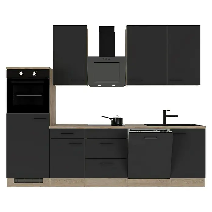 Flex-Well Küchenzeile Capri - Breite: 280 cm, Touch Schwarz, Mit Elektrogeräten, Fibonitspüle - Moderne Küche in Schwarz und Holzoptik mit eingebautem Ofen, Kochfeld, Spüle und Geschirrspüler.