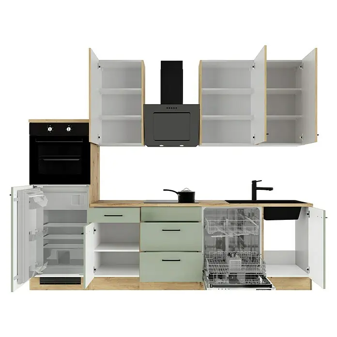Flex-Well Cara Küchenzeile - Breite: 280 cm, Höhe: 234 cm, Schilfgrün Antifingerprint / Artisan Eiche, Mit Elektrogeräten, Fibonitspüle - Diese Aufnahme zeigt eine moderne Küche mit viel Stauraum, inklusive Kühlschrank, Ofen, Spülmaschine und Dunstabzugshaube vor schwarzem Hintergrund.