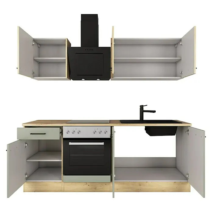 Flex-Well Cara Singleküche - Breite: 210 cm, Schilfgrün Antifingerprint / Artisan Eiche, Mit Elektrogeräten - Küchenmöbel mit Spüle, Herd, Dunstabzugshaube und offenen Schränken. Das moderne Design besticht durch Funktionalität und Stil.