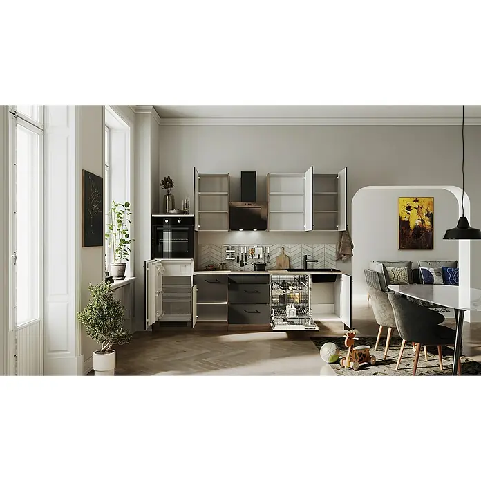 Flex-Well Küchenzeile Capri - Breite: 280 cm, Touch Schwarz, Mit Elektrogeräten, Fibonitspüle - Helle, moderne Küche mit offenen Schränken, integriertem Kühlschrank, Geschirrspüler und einem stilvollen Essbereich.
