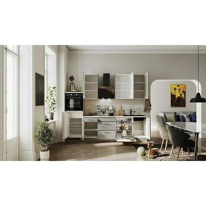 Flex-Well Lund Küchenzeile - Breite: 280 cm, Höhe: 234 cm, Lichtgrau, Mit Elektrogeräten, Fibonitspüle - Eine moderne Küche mit offenen weißen Schränken, einem schwarzen Dunstabzug und einem offenen Geschirrspüler. Helle Holzböden und ein Essbereich im Hintergrund.
