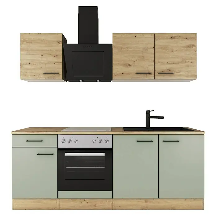 Flex-Well Cara Singleküche - Breite: 210 cm, Schilfgrün Antifingerprint / Artisan Eiche, Mit Elektrogeräten - Elegante Küchenzeile mit modernen mintgrünen Unterschränken und naturbelassenen Holz-Hängeschränken, akzentuiert durch eine stilvolle Dunstabzugshaube.