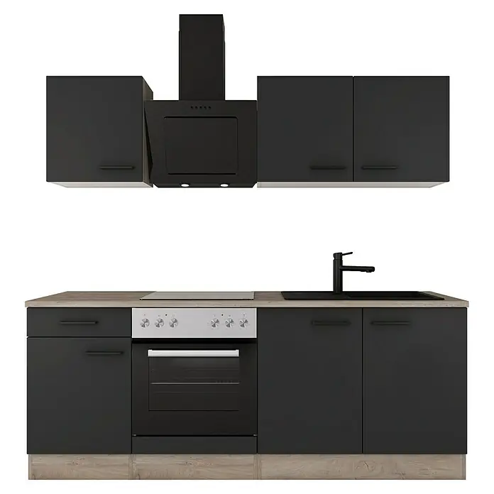 Flex-Well Singleküche Capri - Breite: 210 cm, Touch Schwarz, Fibonitspüle - Moderne Küchenzeile mit schwarzen Schränken, Herd und Dunstabzugshaube. Elegantes Design für eine stilvolle Küche.