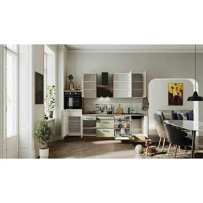 Flex-Well Cara Küchenzeile - Breite: 280 cm, Höhe: 234 cm, Schilfgrün Antifingerprint / Artisan Eiche, Mit Elektrogeräten, Fibonitspüle - Helle Küche mit modernen Ober- und Unterschränken in Grün, integrierten Geräten und einer offenen Spülmaschine. Essbereich mit Tisch und Stühlen.