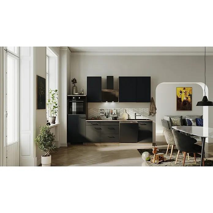 Flex-Well Küchenzeile Capri - Breite: 280 cm, Touch Schwarz, Mit Elektrogeräten, Fibonitspüle - Moderne schwarze Küche mit Einbaugeräten und Spüle. Der offene Wohnbereich ist einladend gestaltet.