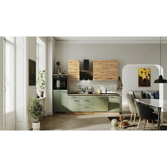 Flex-Well Cara Küchenzeile - Breite: 280 cm, Höhe: 234 cm, Schilfgrün Antifingerprint / Artisan Eiche, Mit Elektrogeräten, Fibonitspüle - Helle Küche mit grünen Unterschränken, Holzoptik-Oberschränken und einer modernen Dunstabzugshaube. Essbereich mit Tisch und Stühlen.