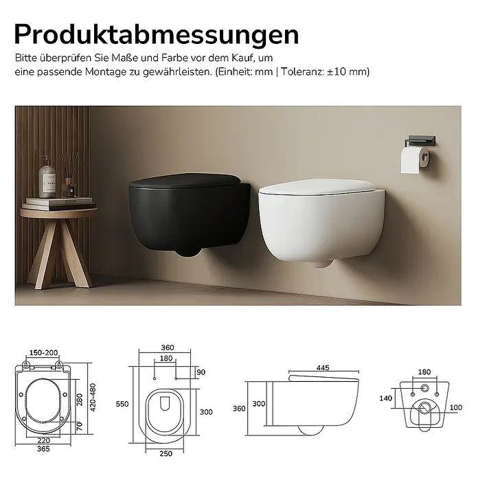 Emke Wand-WC Nero - Spülrandlos, Mit schmutzabweisender Glasur, Schwarz