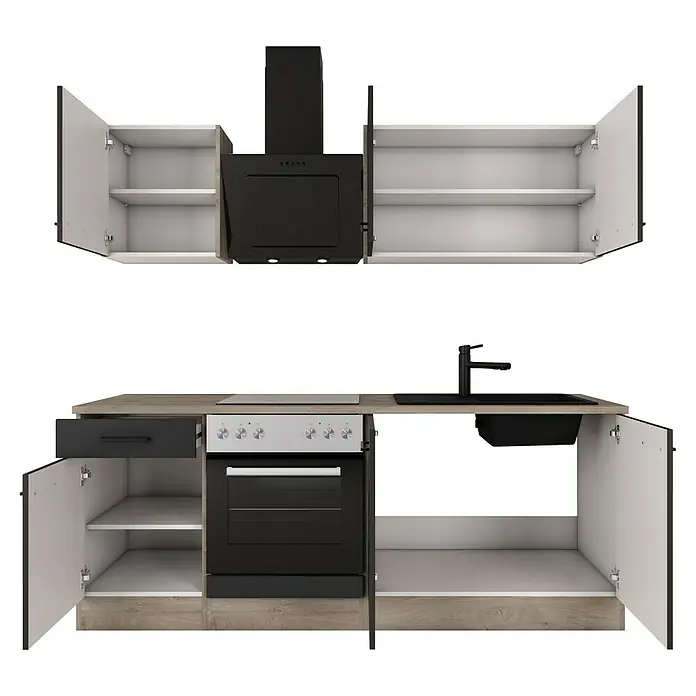 Flex-Well Singleküche Capri - Breite: 210 cm, Touch Schwarz, Fibonitspüle - Küchenzeile mit weißen Schränken und Schubladen. Die Dunstabzugshaube ist schwarz.