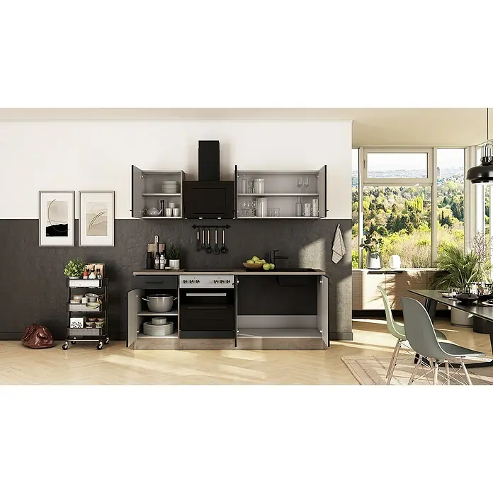 Flex-Well Singleküche Capri - Breite: 210 cm, Touch Schwarz, Fibonitspüle - Elegantes Kücheninterieur mit modernen Schränken, Dunstabzugshaube und praktischem Rollwagen für zusätzlichen Stauraum in stilvollem Design.