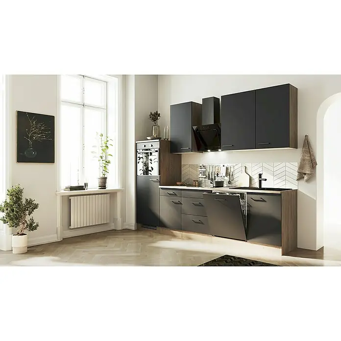 Flex-Well Küchenzeile Capri - Breite: 280 cm, Touch Schwarz, Mit Elektrogeräten, Fibonitspüle - Elegantes Küchendesign mit dunklen Schränken, integrierten Geräten und einer stilvollen Arbeitsplatte, das eine moderne und funktionale Atmosphäre schafft.
