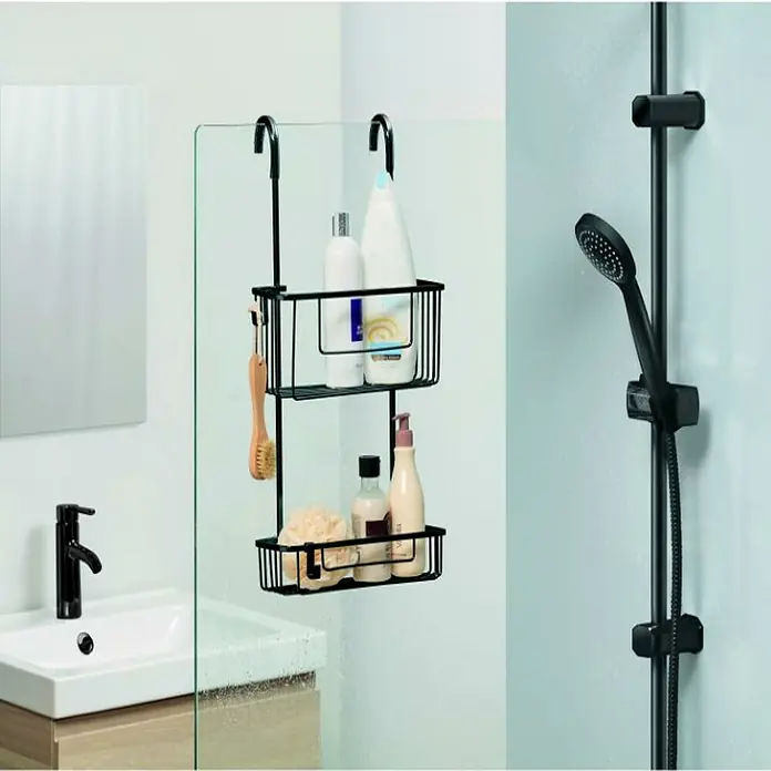 Tatay Cesta de baño Aluminum - L x An x Al: 28 x 15,5 x 56 cm, Aluminio, Negro - Estante de ducha con dos cestas de almacenamiento y ganchos para colgar fácilmente sobre la pared de la ducha.
