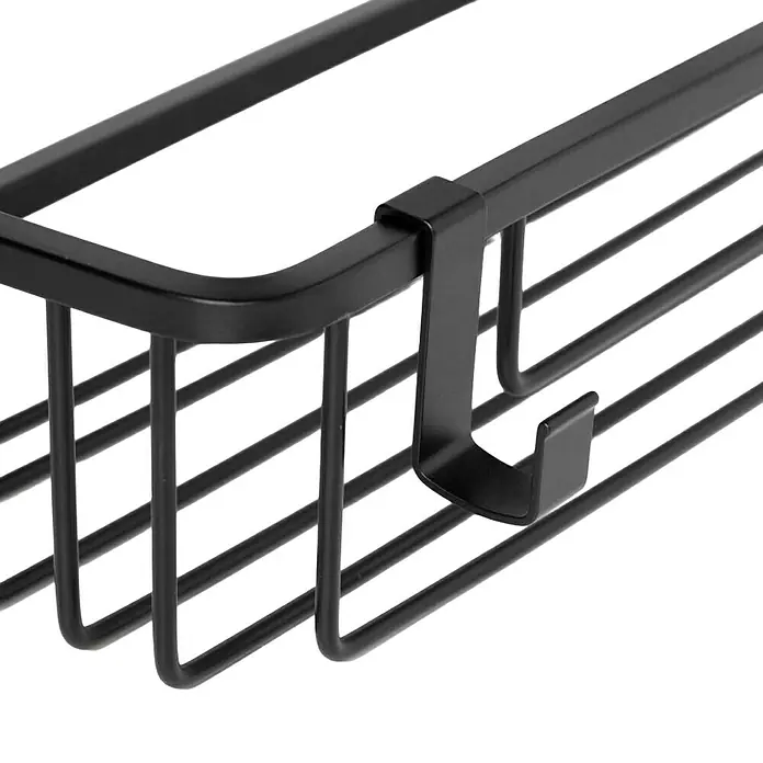 Tatay Cesta de baño Aluminum - L x An x Al: 28 x 15,5 x 56 cm, Aluminio, Negro - Vista detallada de una cesta colgante de metal negro con ganchos para un fácil montaje, perfecta para el almacenamiento en la cocina o el baño.