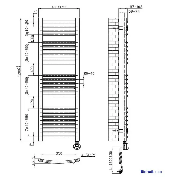Emke Elektro-Badheizkörper Kurvenförmig Handtuchwärmer - B x H: 40 x 120 cm