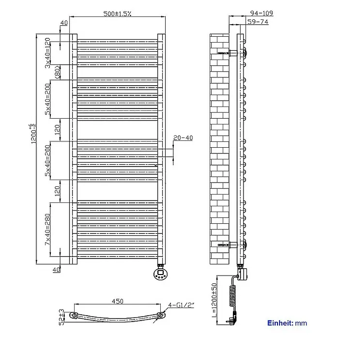 Emke Elektro-Badheizkörper Kurvenförmig Handtuchwärmer - B x H: 50 x 120 cm
