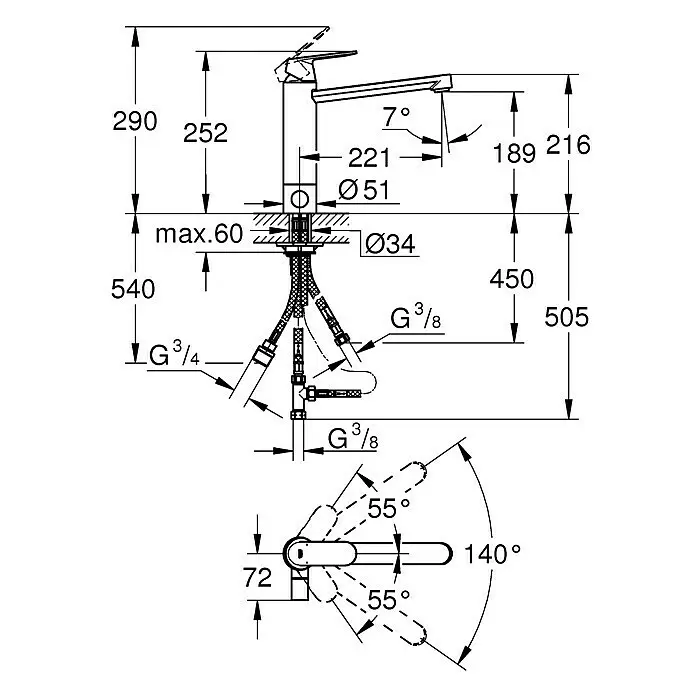 Grohe Eurosmart Cosmopolitan SpültischarmaturHöhe: 25,2 cm, Chrom, Glänzend, Vorabsperrung