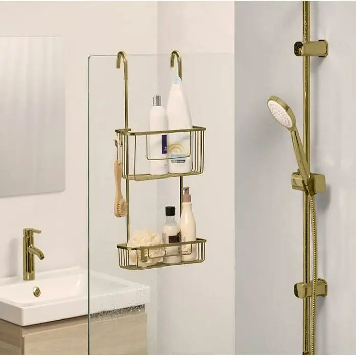 Tatay Cesta de baño Aluminum - L x An x Al: 28 x 15,5 x 56 cm, Aluminio, Oro - Aquí hay una cesta de ducha de color dorado con dos estantes, fijada a una pared de vidrio, para guardar los utensilios de baño con estilo.