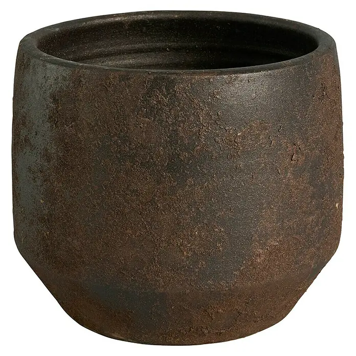 Maceta para planta Grea - Dimensiones externas (Ø x Al): 30 x 28 cm, Cerámica, Marrón - Primer plano de una maceta rústica marrón con una superficie texturizada y forma redonda, ideal para uso interior y exterior.