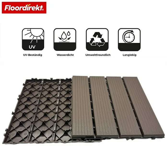 Floordirekt Klickfliese Terrassenfliese Majestic 30 x 30 cm Klickfliese Holzoptik Braun - Polypropylen, 30 x 30 x 2,2 cm, 1 Stk.