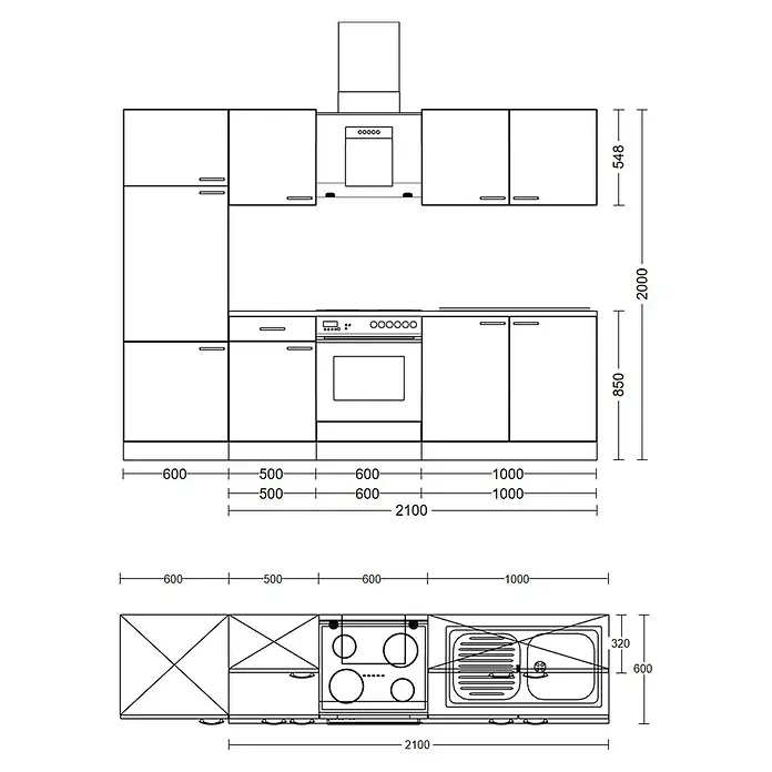Flex-Well Cara Küchenzeile - Breite: 270 cm, Höhe: 200 cm, Schilfgrün Antifingerprint / Artisan Eiche, Mit Elektrogeräten, Fibonitspüle - Schema einer Küchenzeile mit Maßen für Planung und Design, ideal für Küchenplaner und Möbeldesigner.