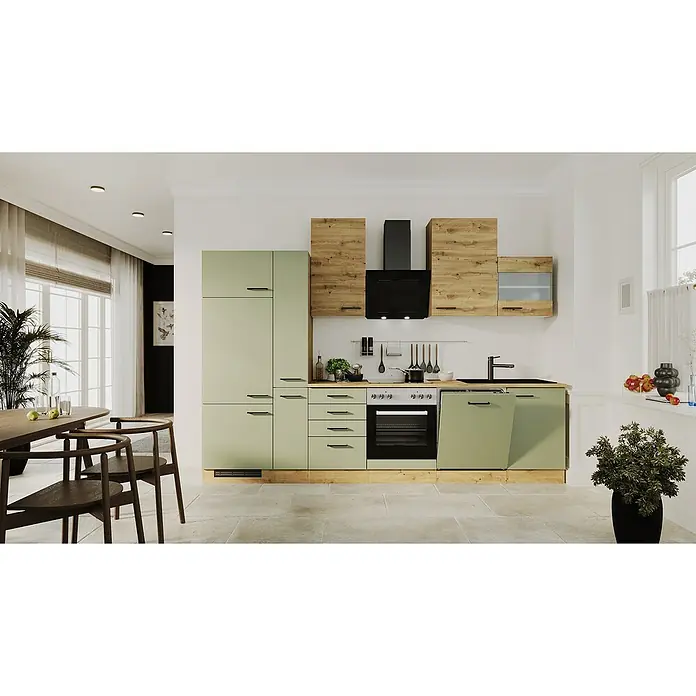 Flex-Well Cara Küchenzeile - Breite: 310 cm, Höhe: 234 cm, Schilfgrün Antifingerprint / Artisan Eiche, Mit Elektrogeräten, Fibonitspüle - Helle, moderne Küche mit grünen Schränken und Holzelementen. Die Küche verfügt über eine Dunstabzugshaube und einen Esstisch mit Stühlen.
