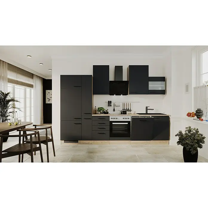 Flex-Well Küchenzeile Capri - Breite: 310 cm, Touch Schwarz, Mit Elektrogeräten, Fibonitspüle - Küchenansicht mit modernen schwarzen Schränken, hellem Holzboden und elegantem Esstisch mit Stühlen. Natürliches Licht erhellt den Raum.