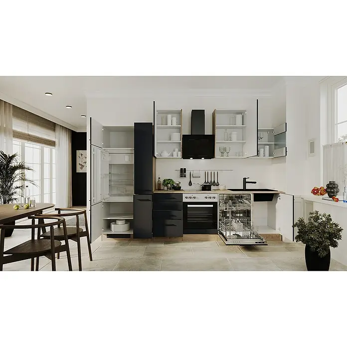 Flex-Well Küchenzeile Capri - Breite: 310 cm, Touch Schwarz, Mit Elektrogeräten, Fibonitspüle - Einbauküche mit Geschirrspüler, offenem Kühlschrank, Spüle, Kochfeld und Dunstabzugshaube für einen modernen Küchenlook.