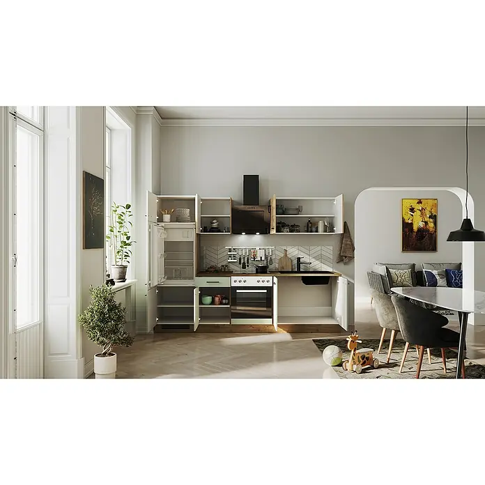 Flex-Well Cara Küchenzeile - Breite: 270 cm, Höhe: 200 cm, Schilfgrün Antifingerprint / Artisan Eiche, Mit Elektrogeräten, Fibonitspüle - Helle Küche mit modernen Geräten und viel Stauraum. Der Raum ist offen gestaltet und bietet einen komfortablen Essbereich.