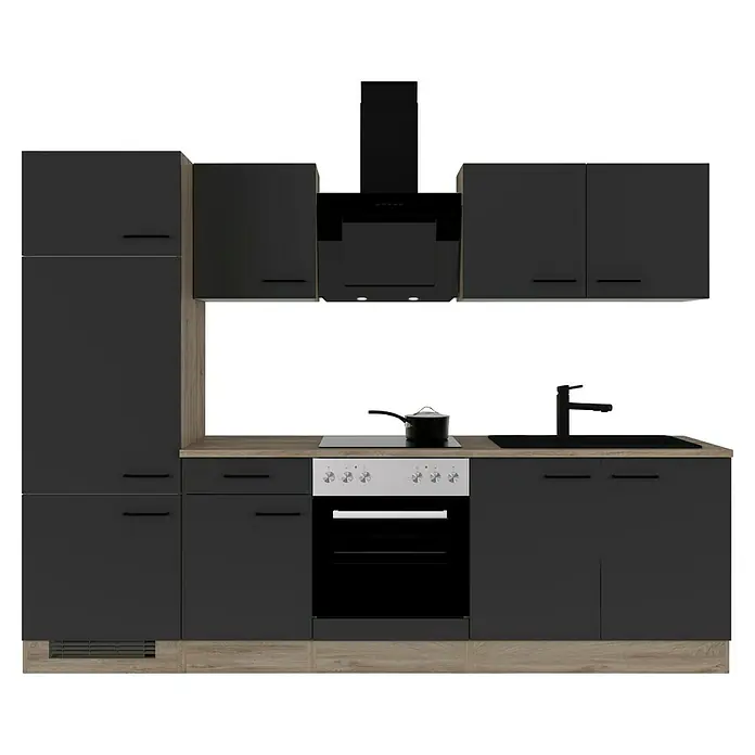 Flex-Well Küchenzeile Capri - Breite: 270 cm, Touch Schwarz, Mit Elektrogeräten, Fibonitspüle - Moderne schwarze Küche mit Arbeitsplatte in Holzoptik, inklusive Dunstabzugshaube und Herd mit Kochfeld für ein elegantes Kocherlebnis.