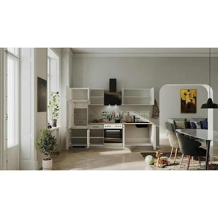 Flex-Well Lund Küchenzeile - Breite: 270 cm, Höhe: 200 cm, Lichtgrau, Mit Elektrogeräten, Fibonitspüle - Eine moderne Küche mit weißen Schränken, einer schwarzen Dunstabzugshaube und einem Essbereich.