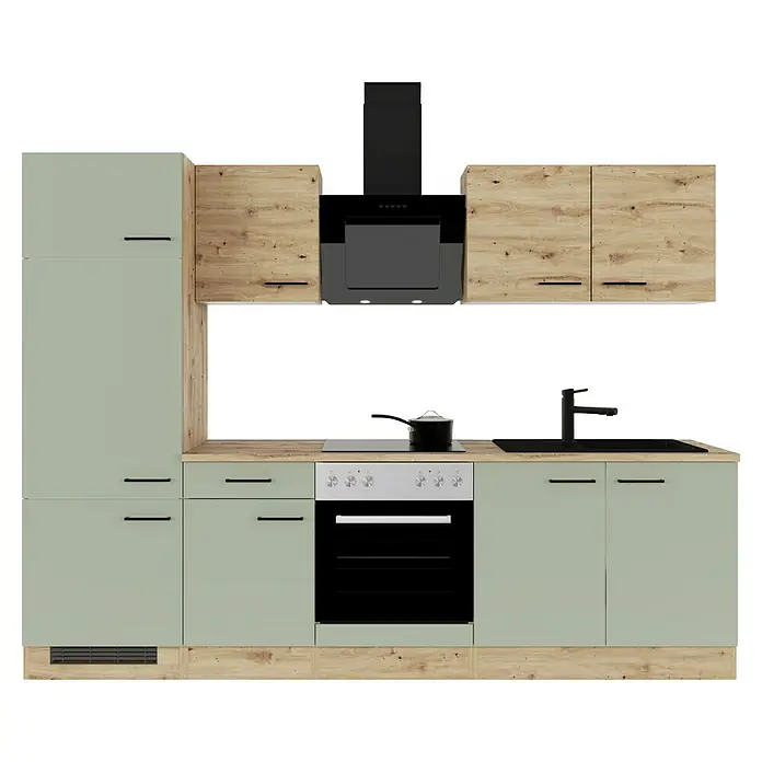 Flex-Well Cara Küchenzeile - Breite: 270 cm, Höhe: 200 cm, Schilfgrün Antifingerprint / Artisan Eiche, Mit Elektrogeräten, Fibonitspüle - Moderne Küche mit hellgrünen Unterschränken, Holz-Hängeschränken und schwarzer Dunstabzugshaube für ein stilvolles Kocherlebnis.