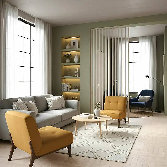 Mixpol Profile Raumteiler Cashmere - 58 x 275 cm, Beige - Wohnzimmer mit modernem Sofa, Sesseln in Senfgelb, Couchtisch und Bücherregal. Viel Tageslicht durch große Fenster.