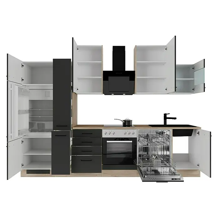 Flex-Well Küchenzeile Capri - Breite: 310 cm, Touch Schwarz, Mit Elektrogeräten, Fibonitspüle - Küchenaufnahme mit geöffneten weißen Oberschränken und schwarzen Unterschränken, Herd, Spüle und offenem Geschirrspüler.