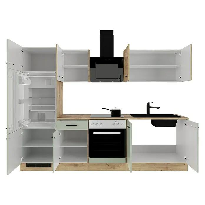 Flex-Well Cara Küchenzeile - Breite: 270 cm, Höhe: 200 cm, Schilfgrün Antifingerprint / Artisan Eiche, Mit Elektrogeräten, Fibonitspüle - Küchenzeile mit Kühlschrank, Herd und Spüle. Die Schränke sind offen und geben Einblick in den Stauraum. Modernes Design in Holzoptik.