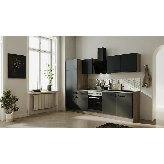 Flex-Well Küchenzeile Capri - Breite: 270 cm, Touch Schwarz, Mit Elektrogeräten, Fibonitspüle - Eine stilvolle Küche mit dunklen Schränken, hellen Holzakzenten und modernen Geräten für ein elegantes und funktionales Ambiente.