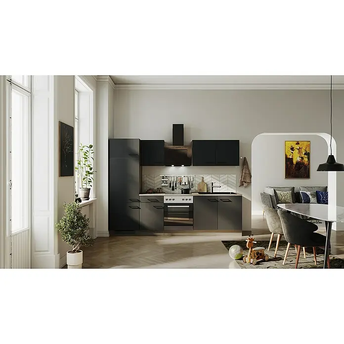 Flex-Well Küchenzeile Capri - Breite: 270 cm, Touch Schwarz, Mit Elektrogeräten, Fibonitspüle - Eine moderne graue Küche mit eleganten Schränken, Herd und Dunstabzugshaube in einem stilvollen Interieur.