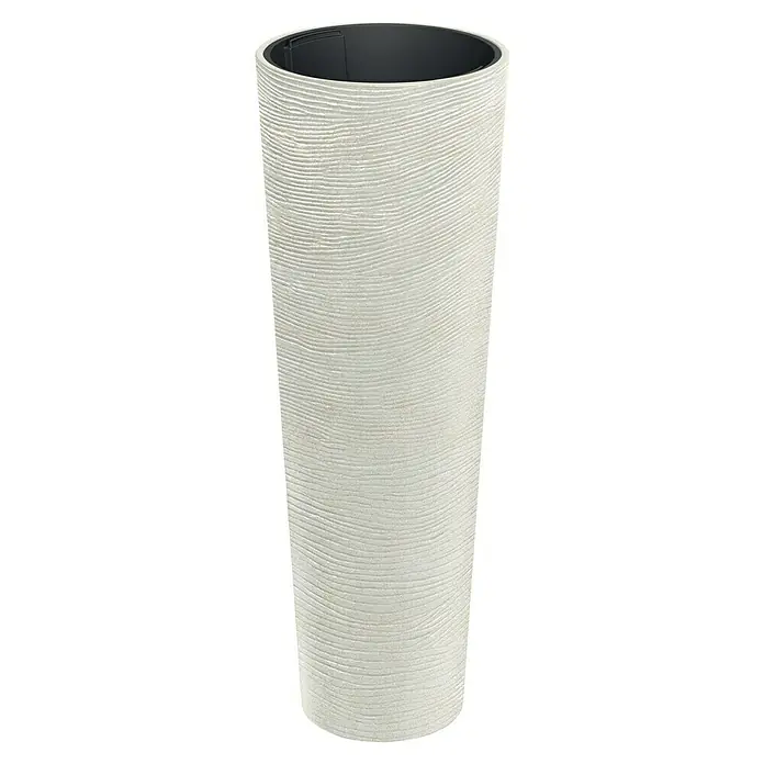 ETHICK Pflanzsäule rund Tubra - Außenmaß (Ø x H): 40 x 110 cm, Kunststoff, Sand, Herausnehmbarer Pflanztopf - Nahaufnahme eines hohen, zylindrischen Pflanzgefäßes mit strukturierter, weißer Oberfläche und schwarzem Innenraum, ideal für Innen- und Außenbereiche.