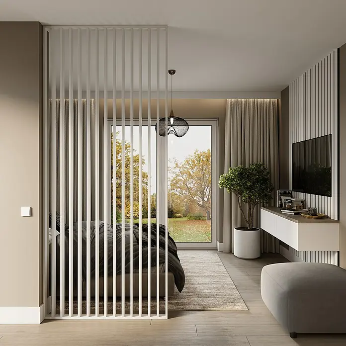 Mixpol Profile Raumteiler White - 58 x 275 cm, Weiß - Schlafzimmer mit einer weißen Raumteiler-Struktur, die einen Hauch von Privatsphäre und Design in den Raum bringt. Minimalistisch und modern.