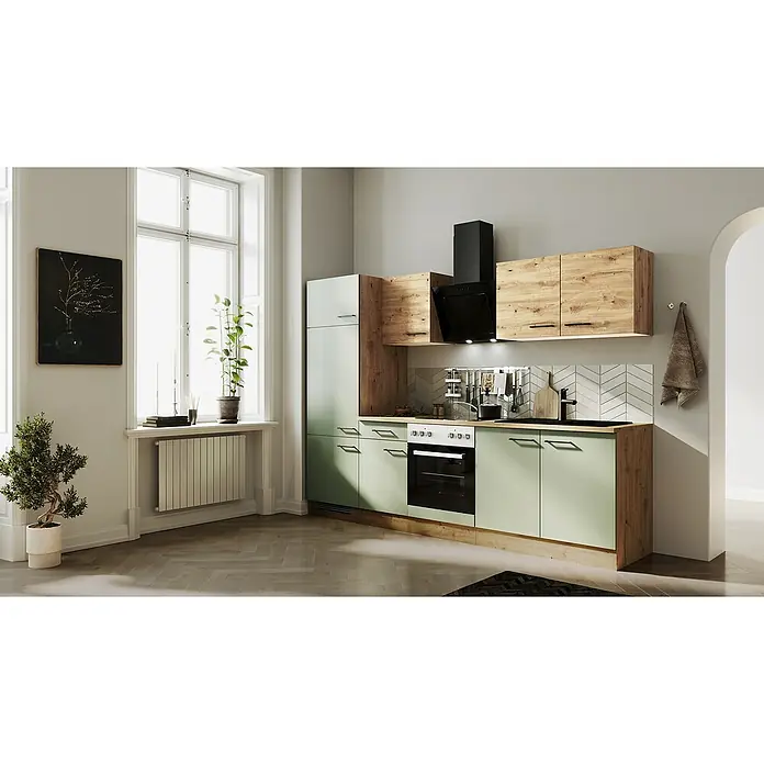 Flex-Well Cara Küchenzeile - Breite: 270 cm, Höhe: 200 cm, Schilfgrün Antifingerprint / Artisan Eiche, Mit Elektrogeräten, Fibonitspüle - Helle Küche mit grünen Unterschränken, hölzernen Oberschränken und modernen Geräten, die eine stilvolle und funktionale Raumlösung bieten.