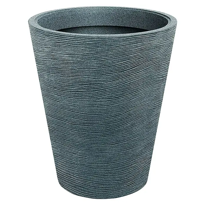 ETHICK Pflanztopf Tubra - Außenmaß (Ø x H): 60 x 70 cm, Kunststoff, Granit - Nahaufnahme eines grauen Blumentopfs mit horizontalem Rillenmuster, ideal für den Innen- und Außenbereich, der Pflanzen stilvoll in Szene setzt.