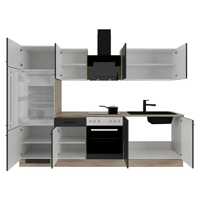 Flex-Well Küchenzeile Capri - Breite: 270 cm, Touch Schwarz, Mit Elektrogeräten, Fibonitspüle - Ansicht einer modernen Küche mit weißen und holzfarbenen Elementen, inklusive Kühlschrank, Herd und Dunstabzugshaube vor einem schwarzen Hintergrund.