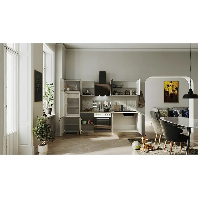 Flex-Well Küchenzeile Capri - Breite: 270 cm, Touch Schwarz, Mit Elektrogeräten, Fibonitspüle - Ein moderner Küchenblock mit weißen Schränken, einer grauen Arbeitsplatte und Geräten bietet viel Stauraum und eine effiziente Raumausnutzung.